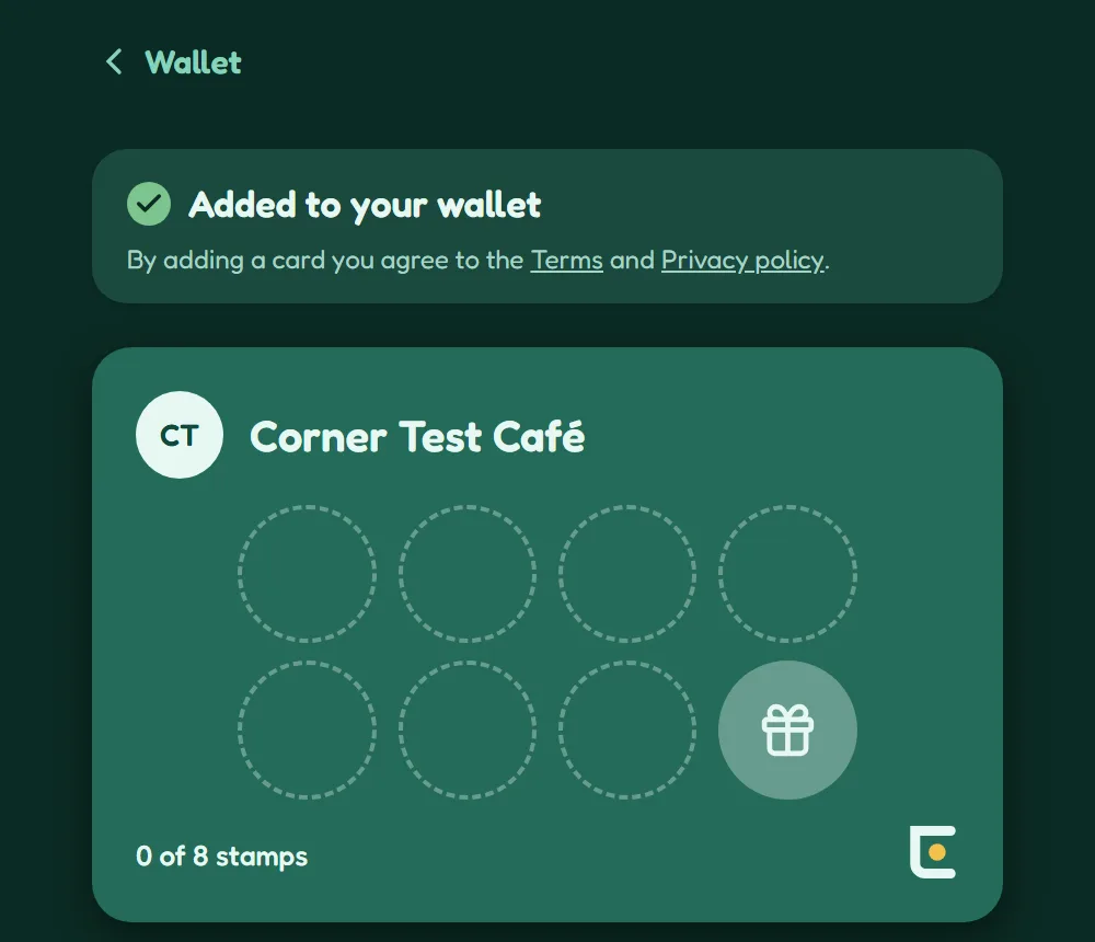 A café card in the Corner app: eight stamp slots with a gift in the last one, 0 of 8 stamps.