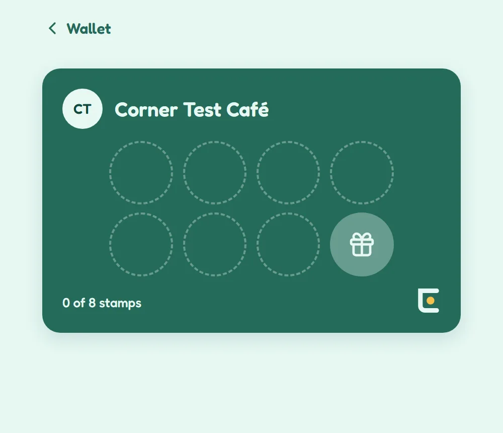 A café card in the Corner app: eight stamp slots with a gift in the last one, 0 of 8 stamps.