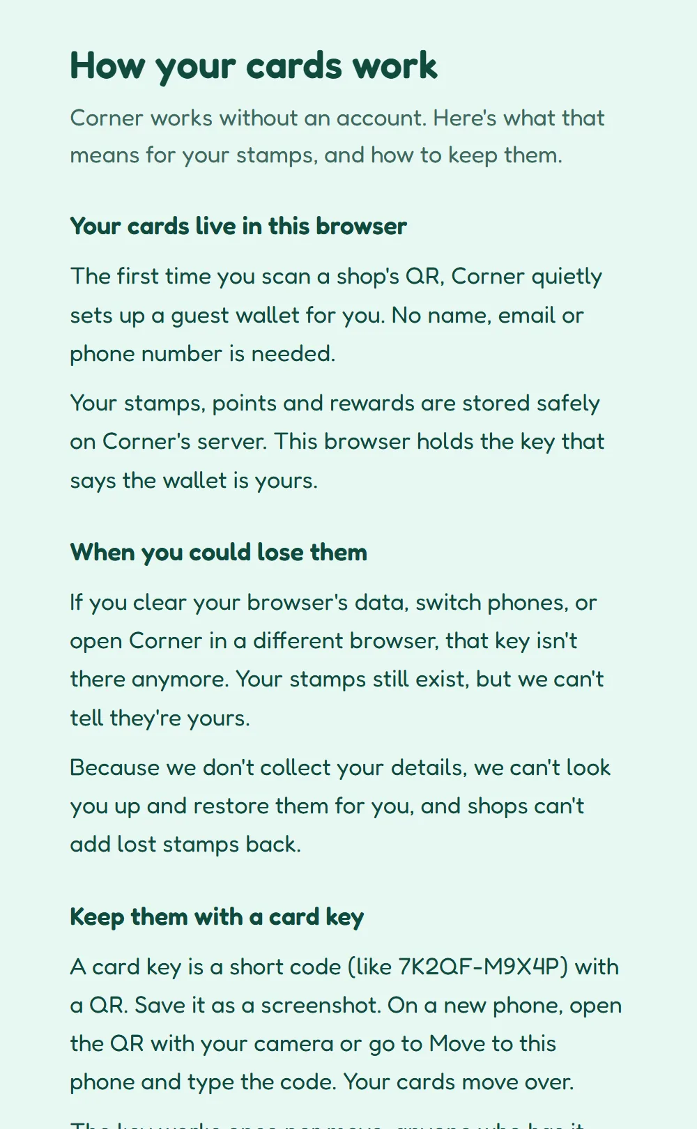 The Corner page that explains how cards live in your browser and how a card key moves them to a new phone.