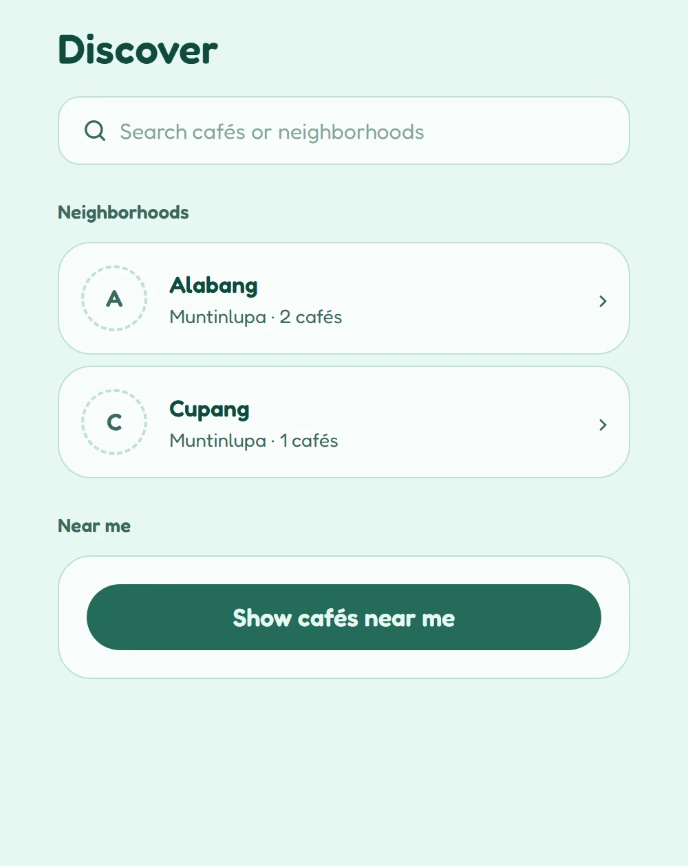 The Discover page in the Corner app: search cafés or neighborhoods, and a list of neighborhoods with how many cafés each has.